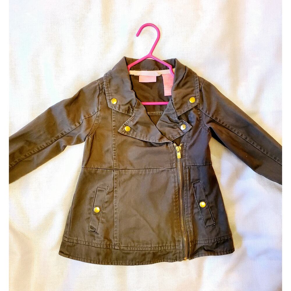Sz 2T ISAAC MIZRAHI Olive Green Gold Zippers Twill Canvas Asymmetrical Jacket